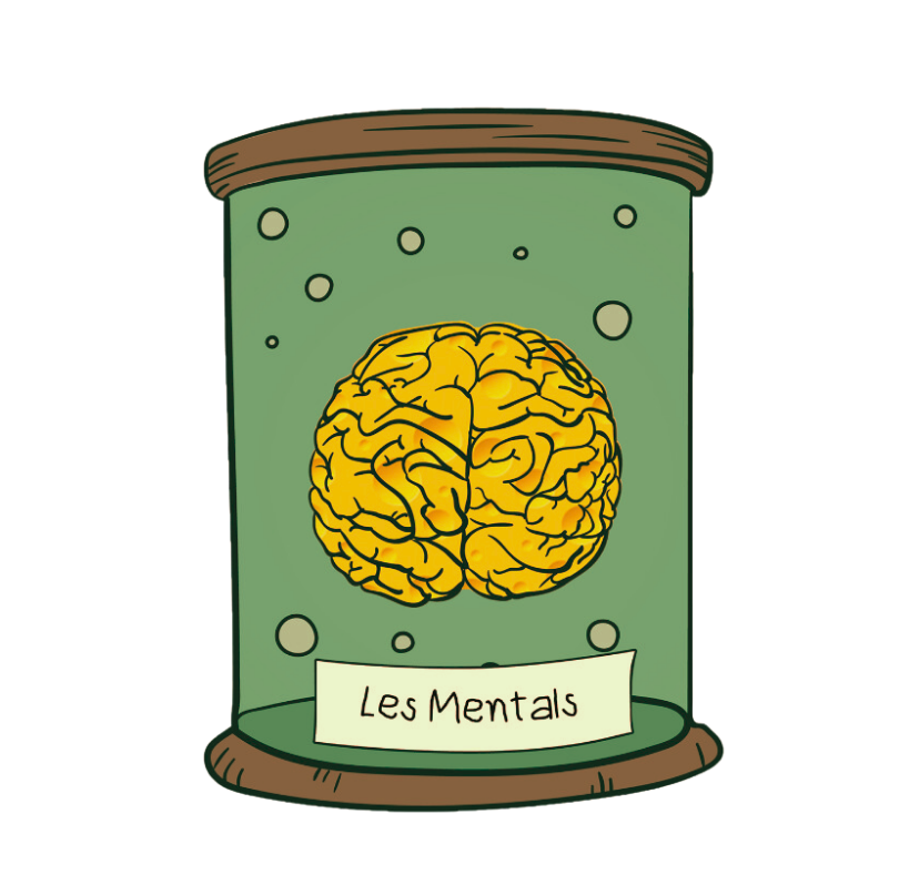 Un dessin d'un cerveau dans une jarre, avec écrit dessus « Les Mentals »